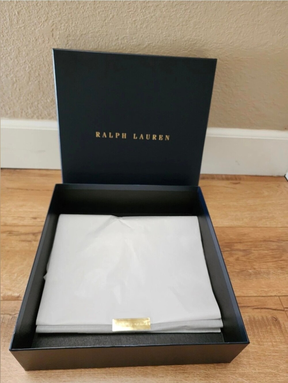 NEW Ralph Lauren Blue Gold Medium Empty Box 12x12x3 + All Over Logo Tissue Paper